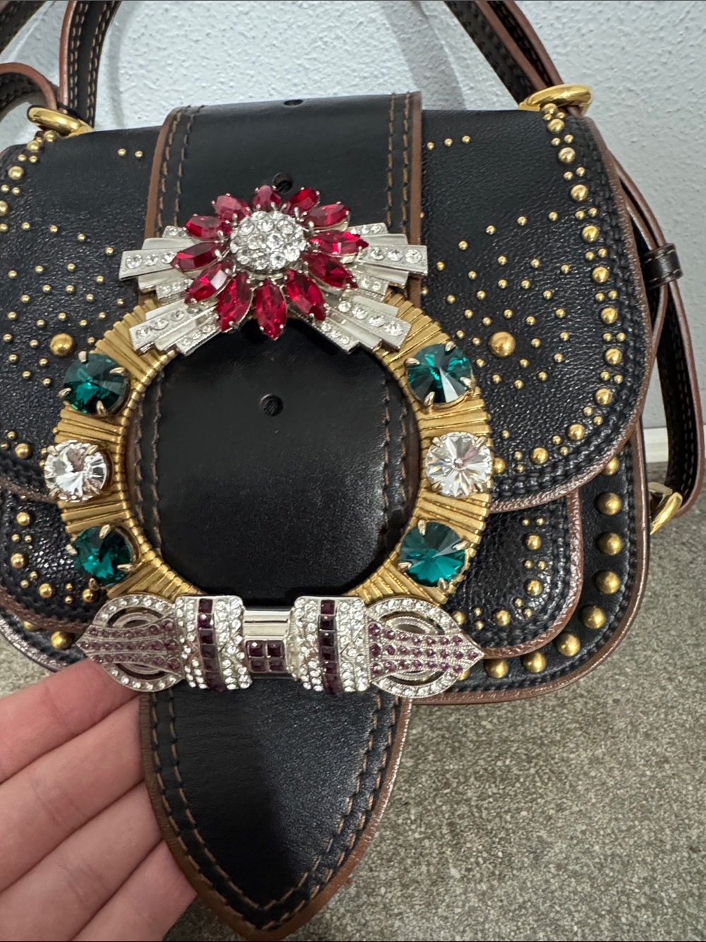 Miu Miu Rare Dahlia Madras Crystal Stud Crossbody/Shoulder Bag – Black Leather - Picture 4 of 16